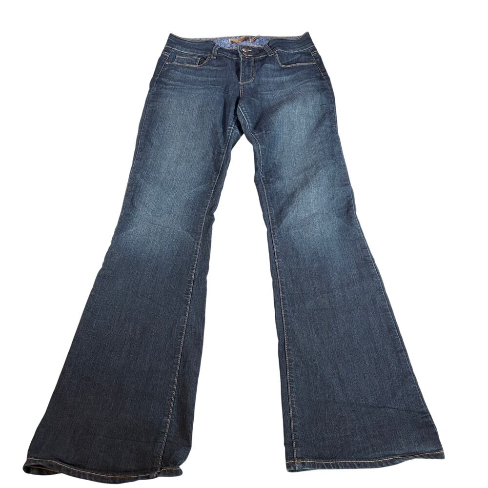 Paige Hidden Hills womens dark rinse flare jeans. Size 30. 2 button closure.